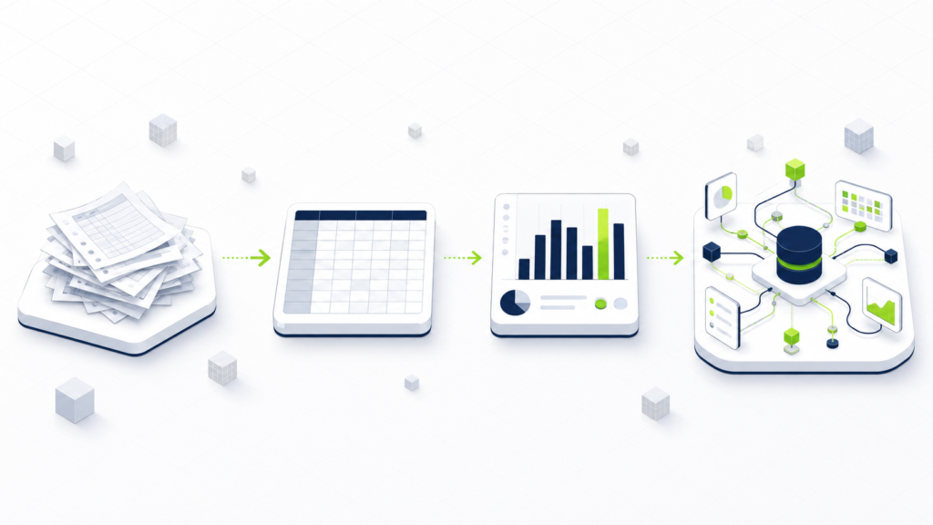 Diagrama de las cuatro etapas de madurez de datos en una PyME: Excel desordenado, Excel ordenado, dashboard manual, sistema de análisis integrado