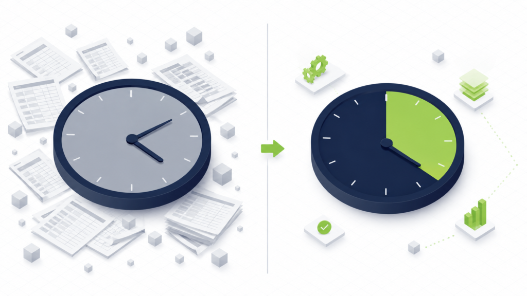 Comparación visual de tiempo administrativo antes y después de la automatización stock-facturación: relojes que muestran la recuperación del 40% del tiempo