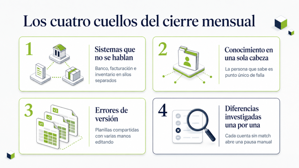 Diagrama de los cuatro cuellos de botella que estiran el cierre mensual en una PyME industrial: consolidación manual entre sistemas que no se hablan, dependencia de una sola persona clave, errores de versión en planillas compartidas, y diferencias de conciliación que se investigan una por una.